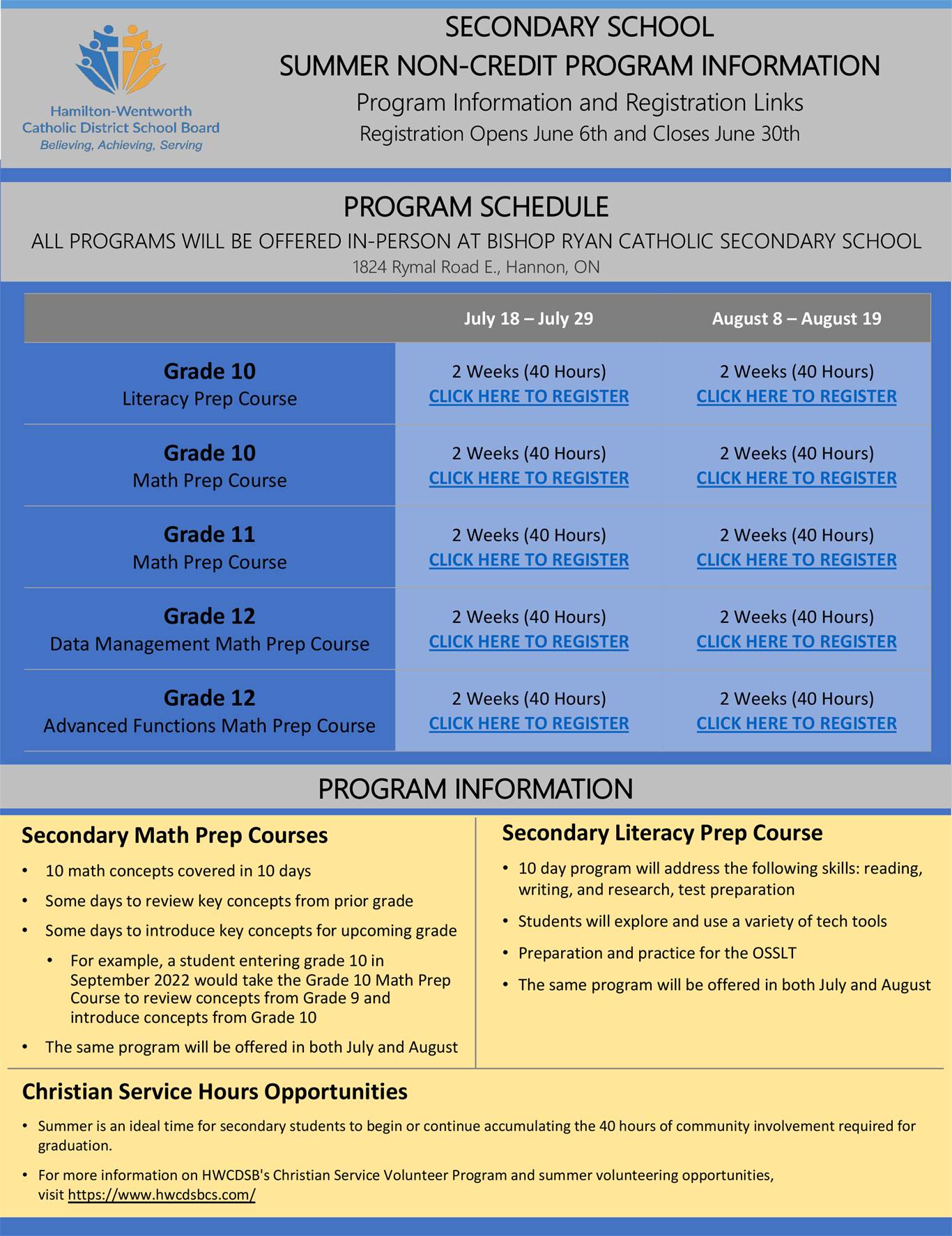 Secondary School Summer Non-Credit Program